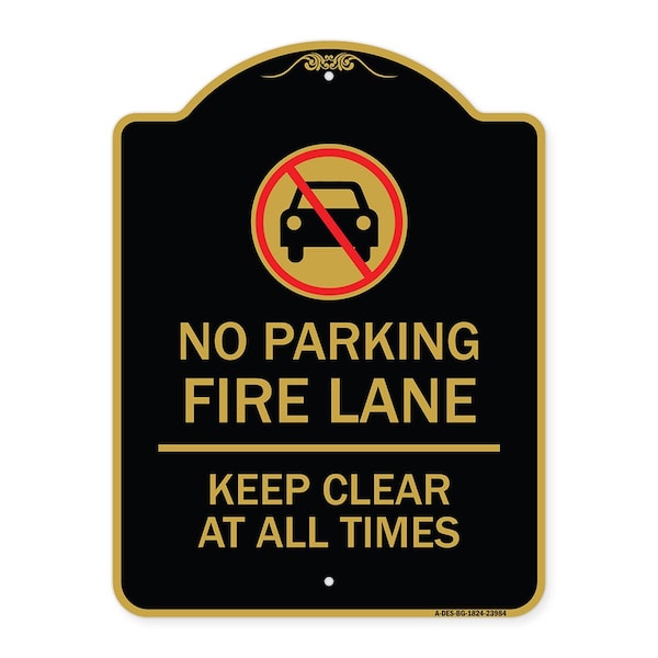 Fire Lane Keep Clear All Times W/ Graphic, Black & Gold Aluminum Sign, 18" x 24", BG-1824-23984